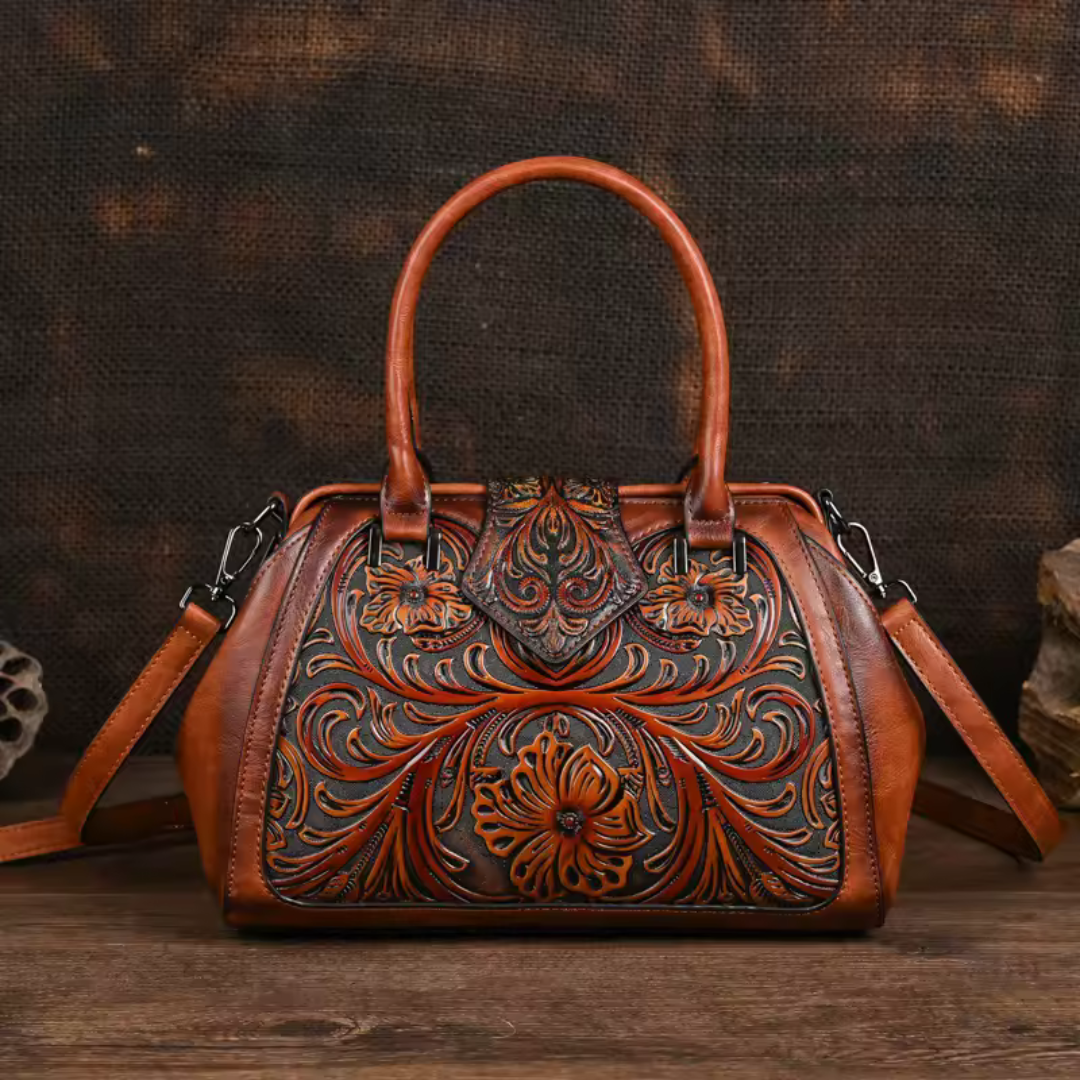 Florina - Bolsa de mano de piel con grabado y motivo floral