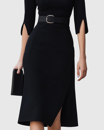 Caroline | Womens Elegant Belted Midi Dress