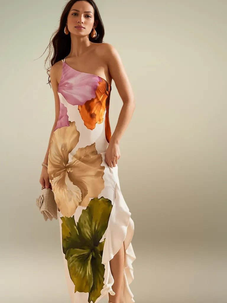 VESTIDO MAXI DE SATÉN ASIMÉTRICO FLORÉLIA
