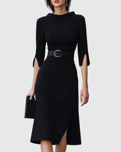 Caroline | Womens Elegant Belted Midi Dress