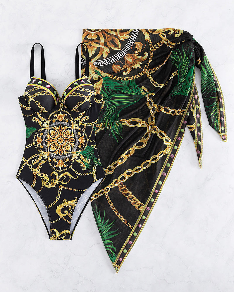 Helena® | Traje de baño tipo push-up de una pieza con detalles decorativos de cadena y falda de playa