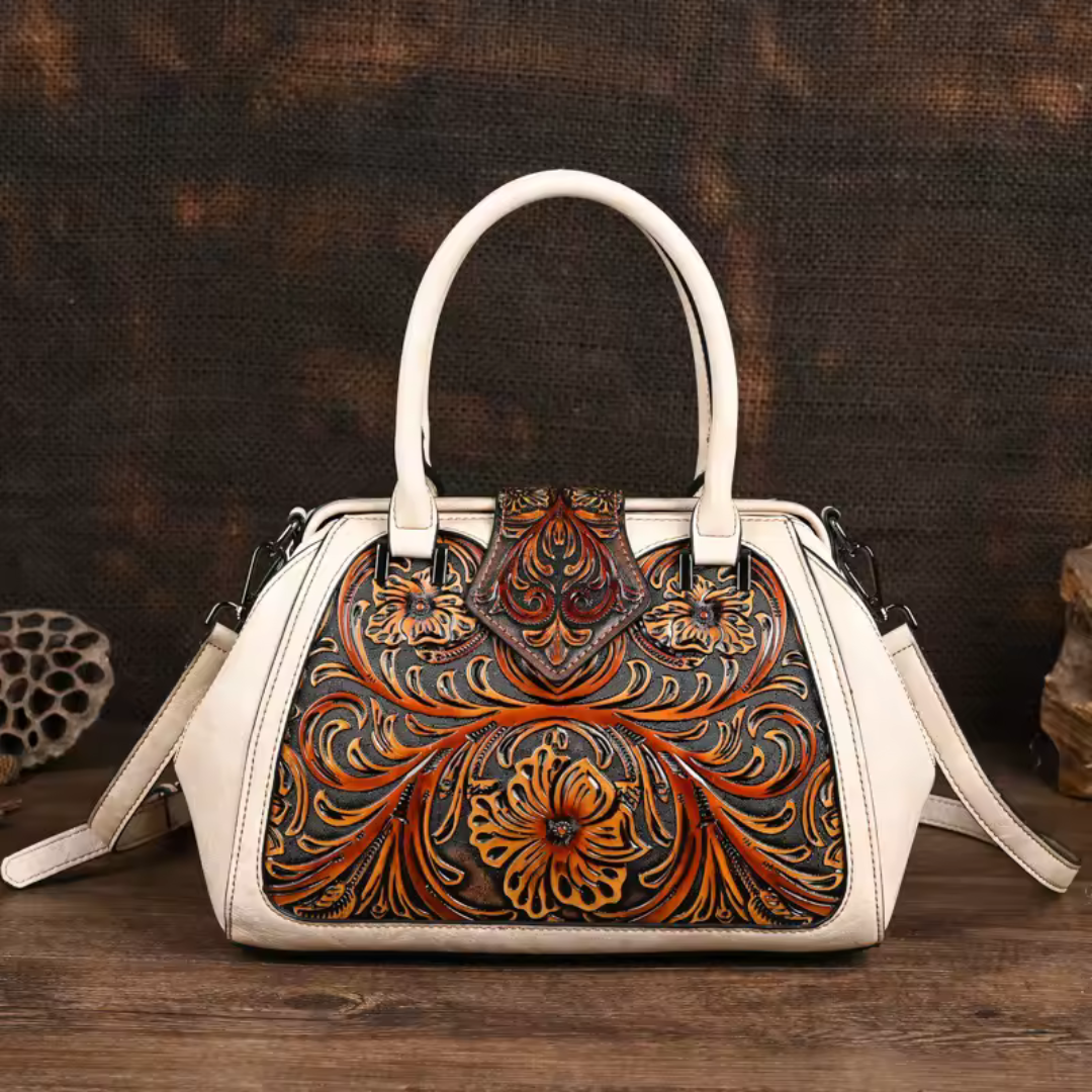 Florina - Bolsa de mano de piel con grabado y motivo floral