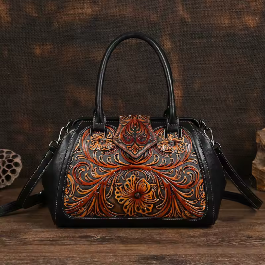 Florina - Bolsa de mano de piel con grabado y motivo floral