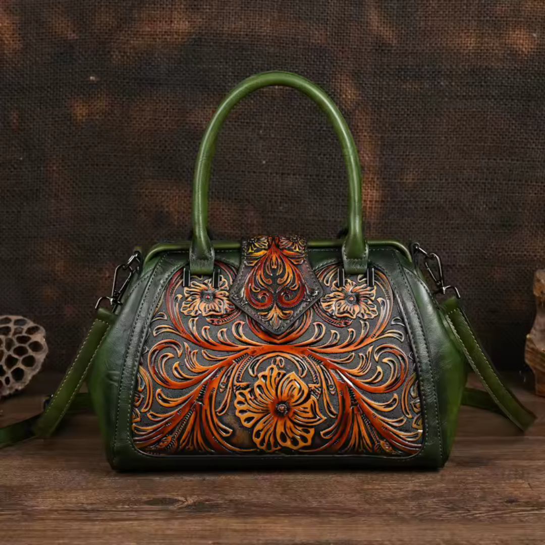 Florina - Bolsa de mano de piel con grabado y motivo floral