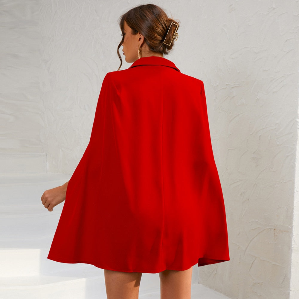 Chic Cape Blazer Mini Dress with Belt & Gold Accents