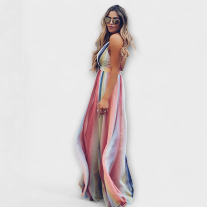 V-Neck Multicolored Striped Women's Dress for Every Occasion
