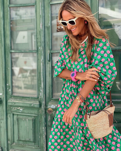 Alice | Women’s Printed V Neck Flowy Maxi Dress