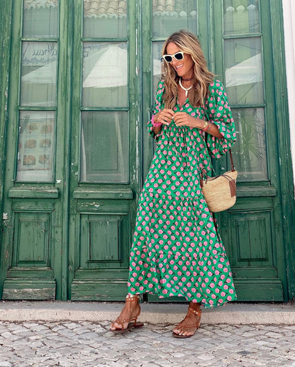 Alice | Women’s Printed V Neck Flowy Maxi Dress