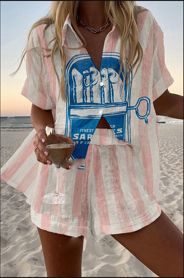 Silava™ | Conjunto de Lino Corto con Estampado de Sardina