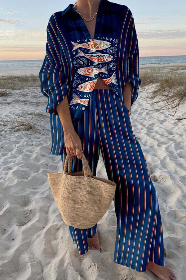 Zairine™ | Conjunto Linne con Estampado de Koi Azul