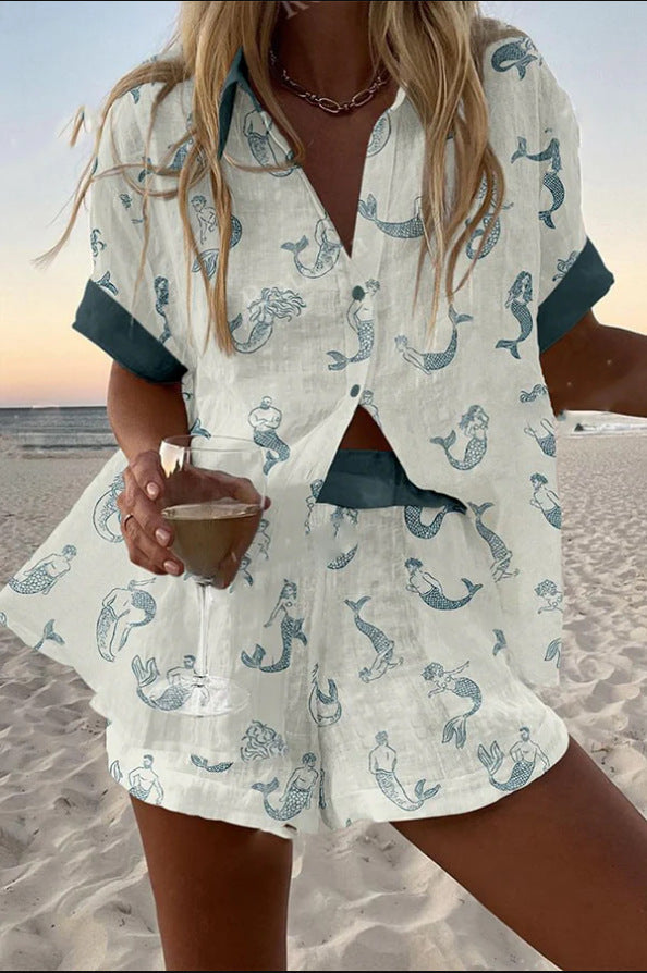 Jalira™ | Conjunto Corto de Lino con Estampado de Sirena