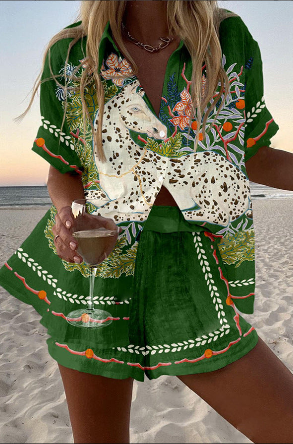 Céphira™ | Conjunto corto de lino con motivo de caballo