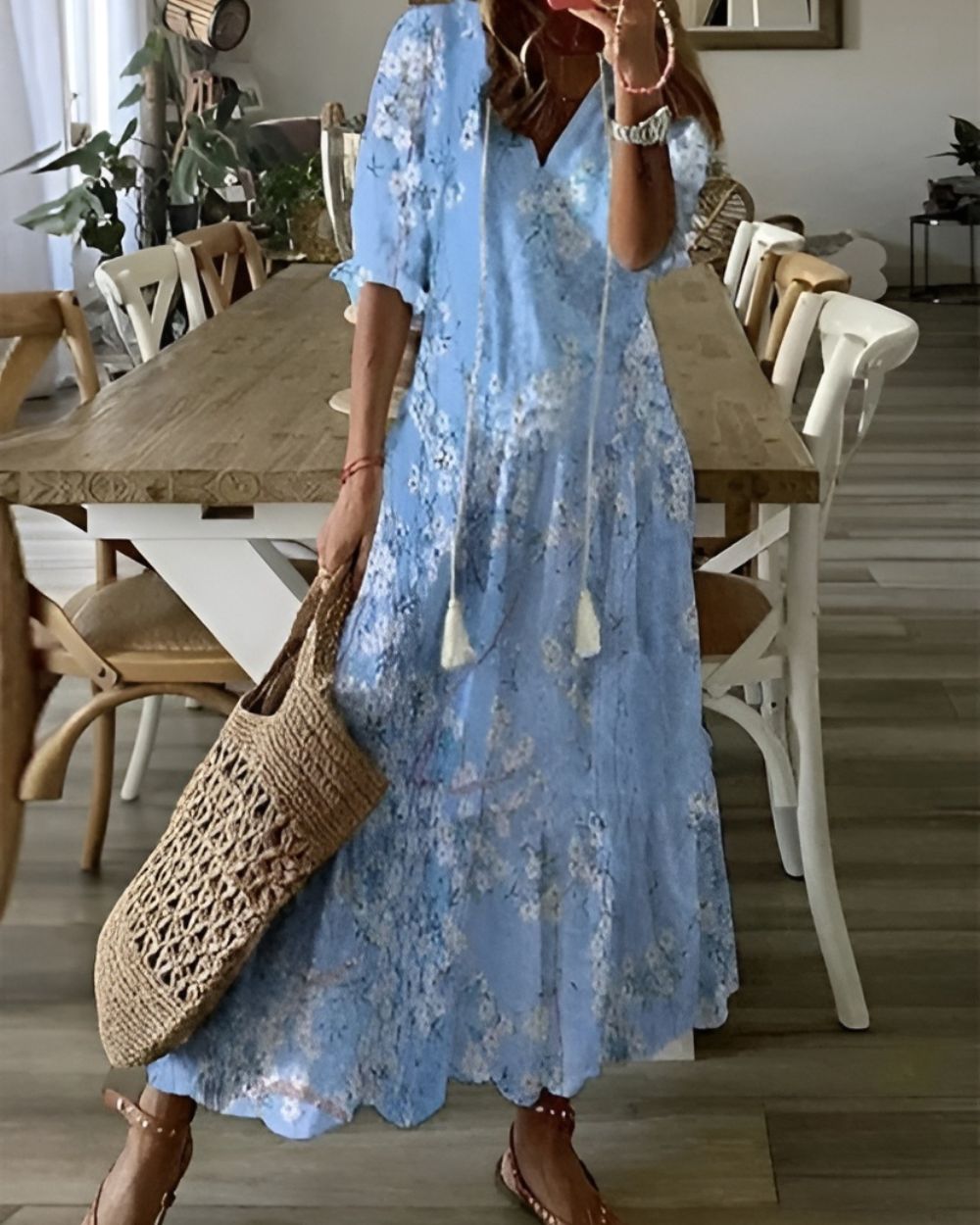 Daisy | Women’s Printed Tassel V Neck Maxi Dress