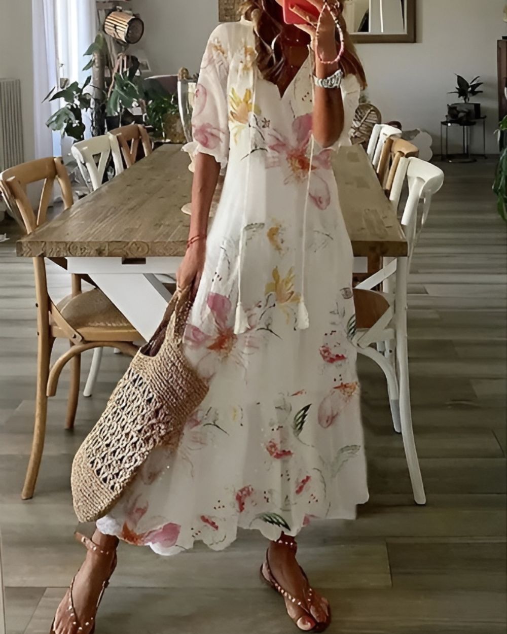 Daisy | Women’s Printed Tassel V Neck Maxi Dress