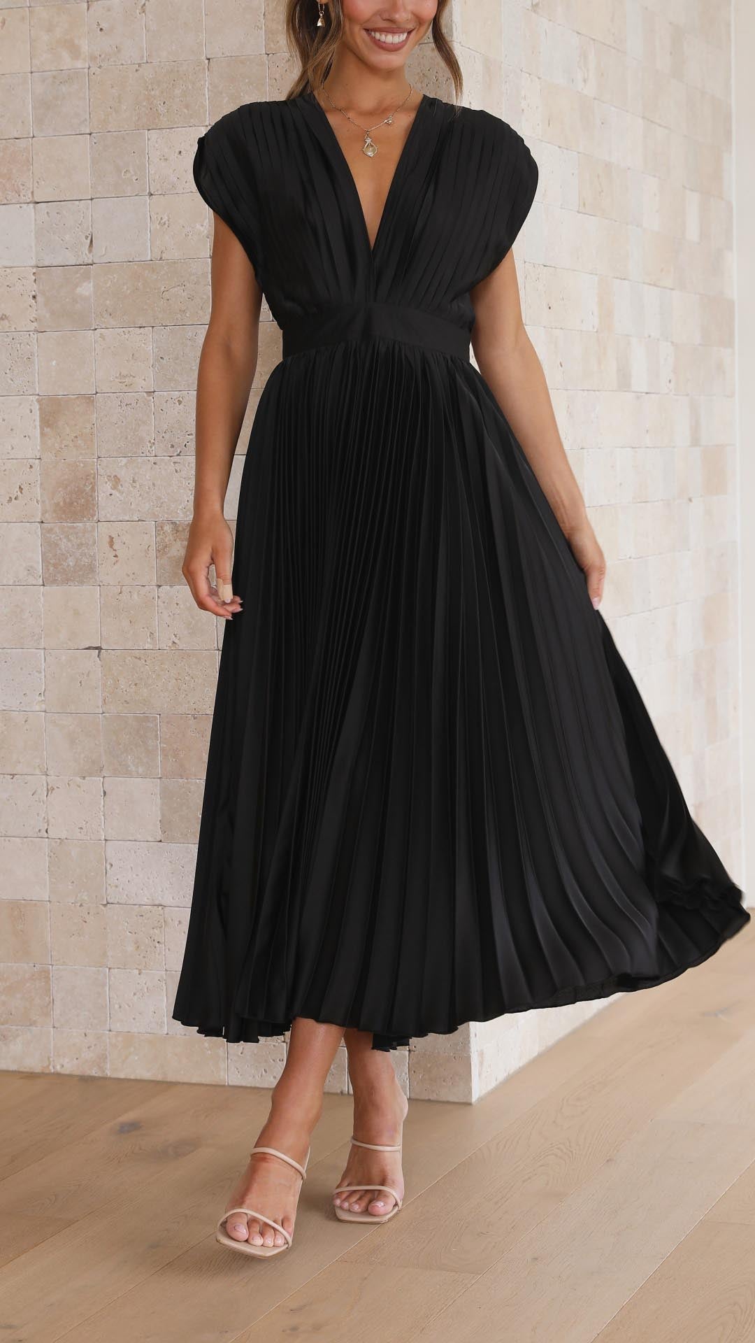 Olivia | Women Elegant Deep V Pleated Midi Dress