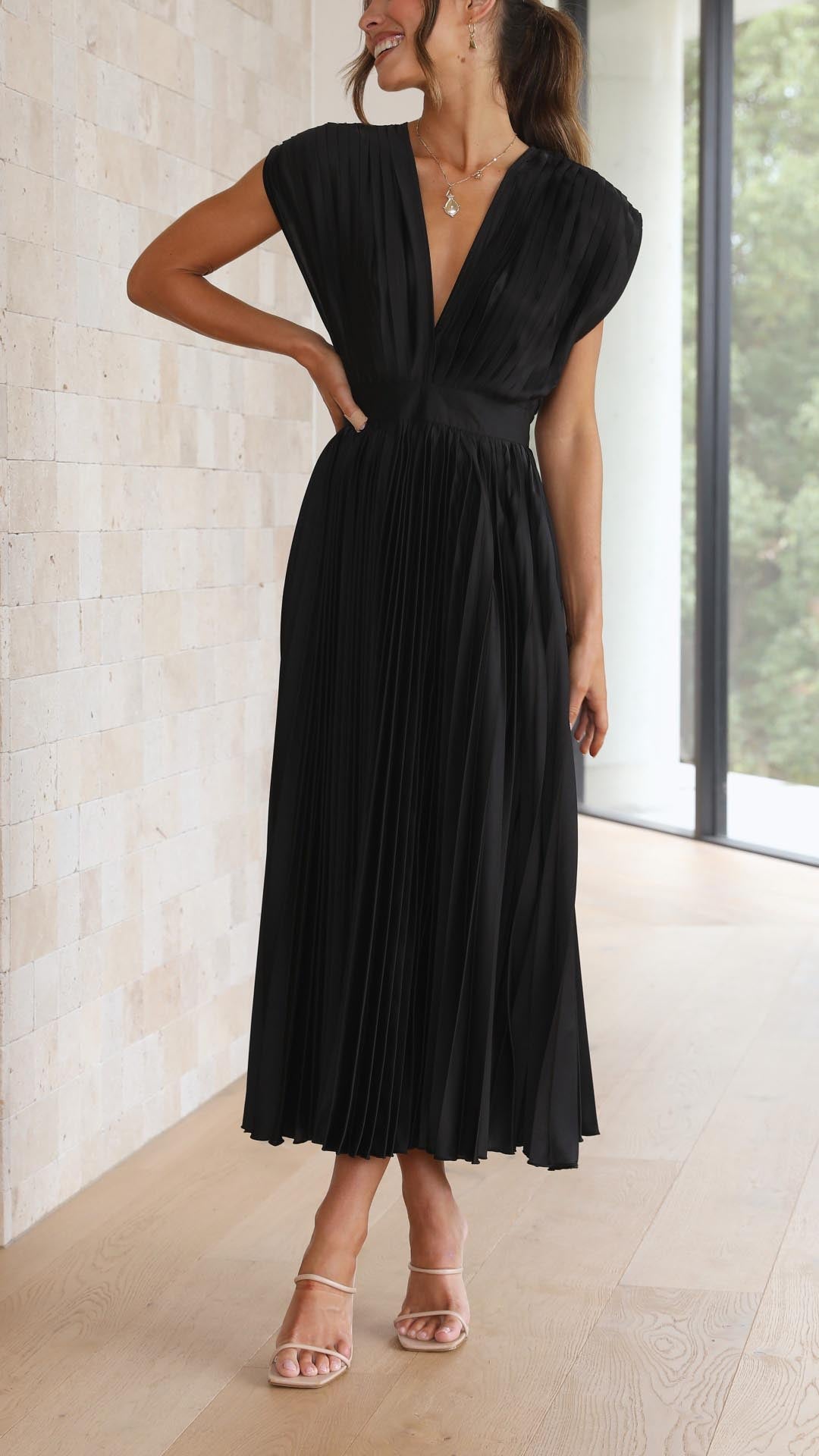 Olivia | Women Elegant Deep V Pleated Midi Dress