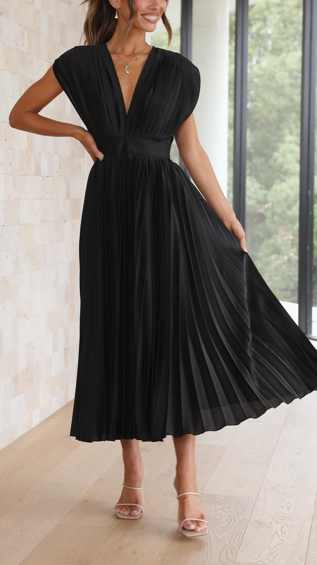 Olivia | Women Elegant Deep V Pleated Midi Dress