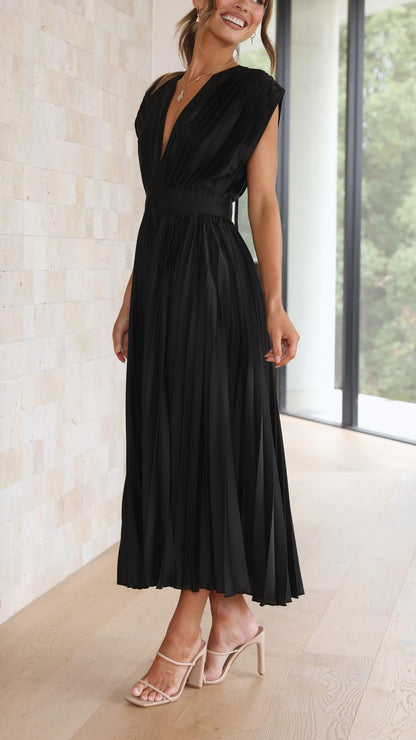 Olivia | Women Elegant Deep V Pleated Midi Dress