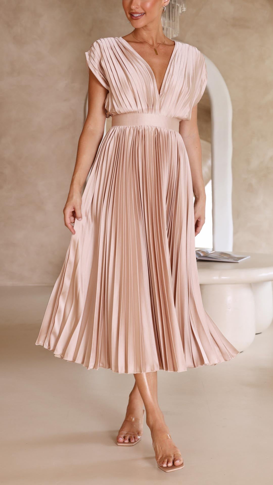 Olivia | Women Elegant Deep V Pleated Midi Dress