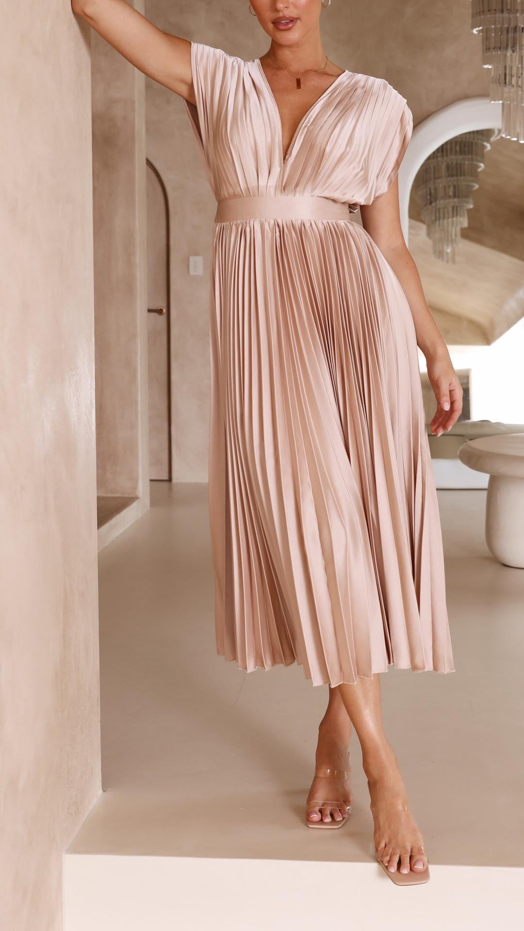 Olivia | Women Elegant Deep V Pleated Midi Dress