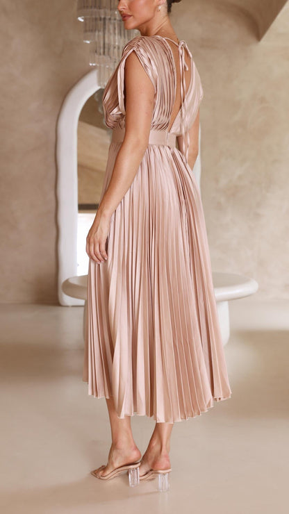 Olivia | Women Elegant Deep V Pleated Midi Dress