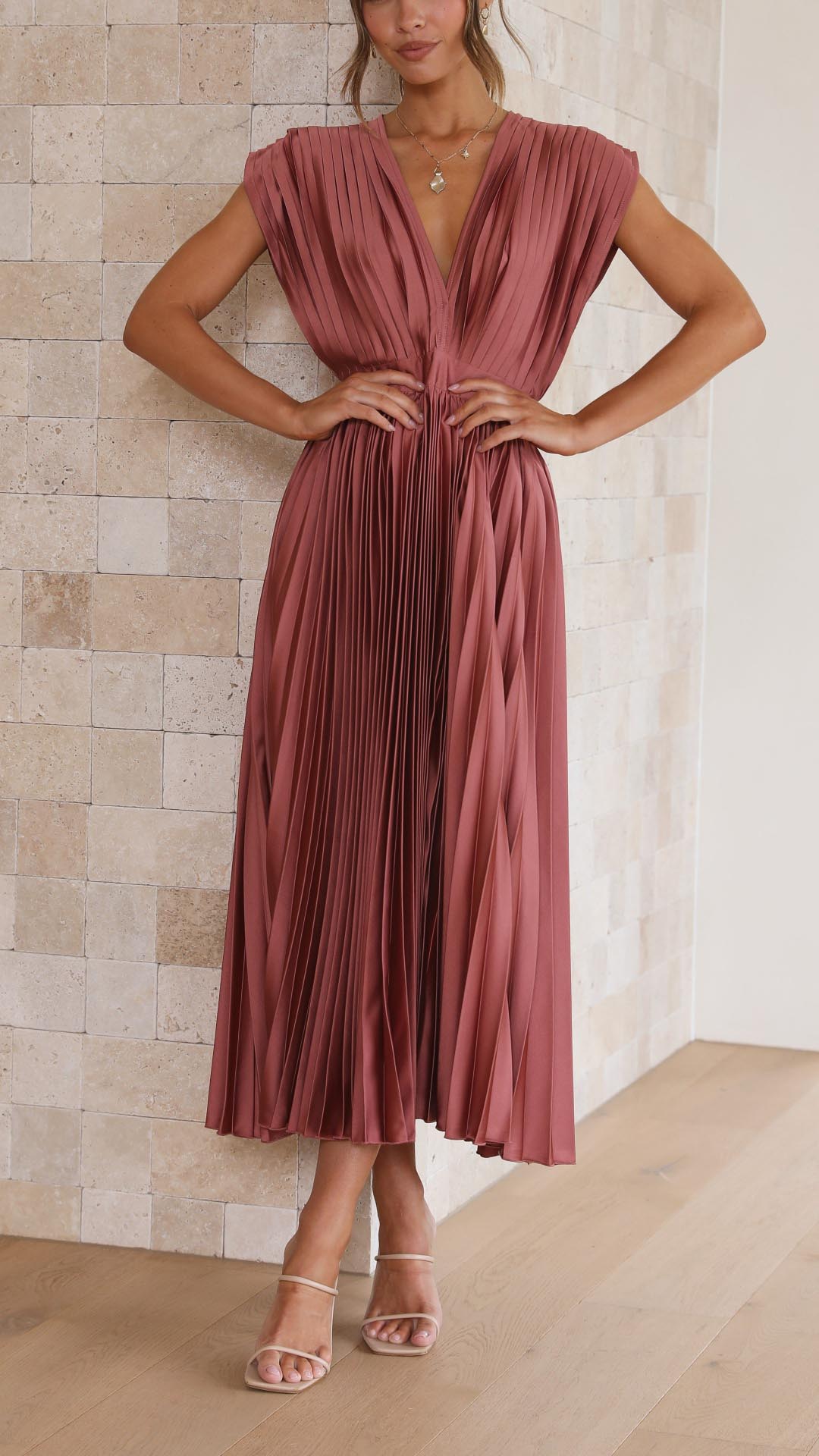 Olivia | Women Elegant Deep V Pleated Midi Dress