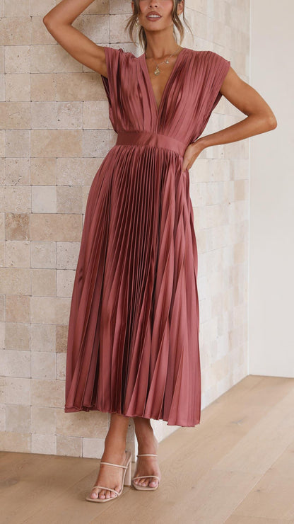 Olivia | Women Elegant Deep V Pleated Midi Dress