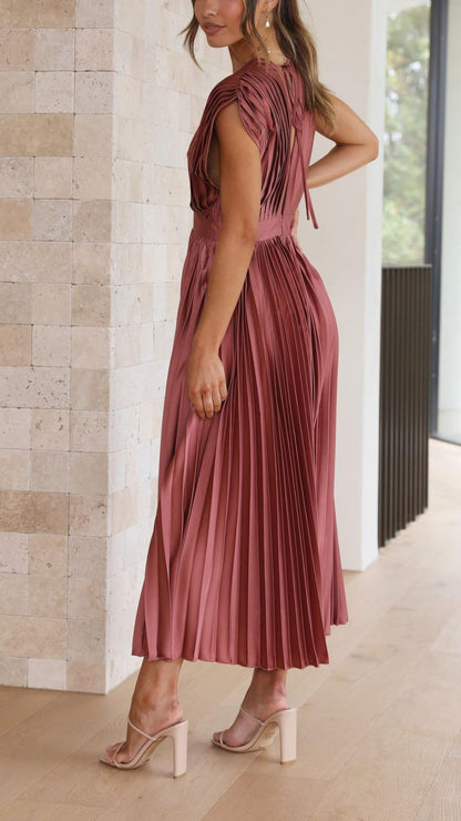 Olivia | Women Elegant Deep V Pleated Midi Dress