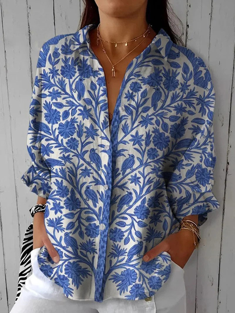 Amalia® | Camisa de Lino Casual con Estampado Floral Vintage para Mujeres