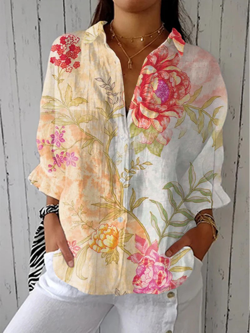 Candela® | Camisa de Lino Casual con Estampado de Flores Vintage para Mujeres