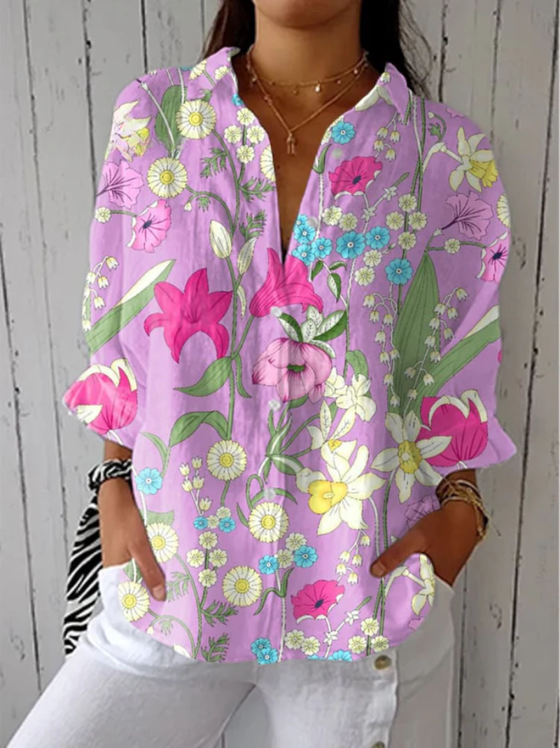 Emilia® | Camiseta Casual de Lino con Vuelto en el Cuello y Arte de Flores Vintage para Mujeres