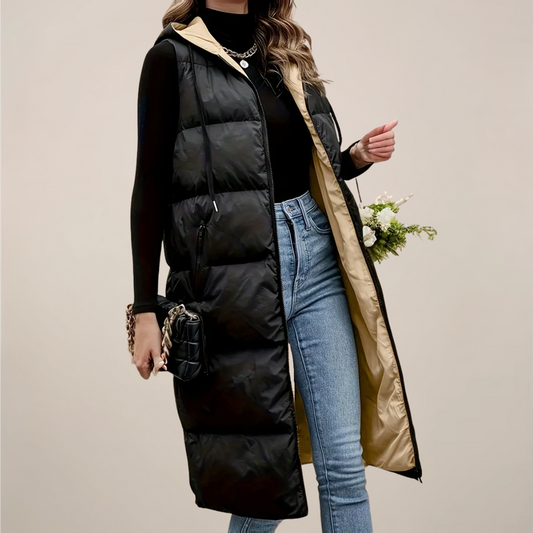 Women’s Black Longline Puffer Gilet – Stylish Hooded Vest for Outdoor Adventures