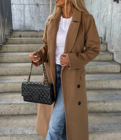 Chic Women’s Long Double-Breasted Winter Coat - Stylish Belted Overcoat