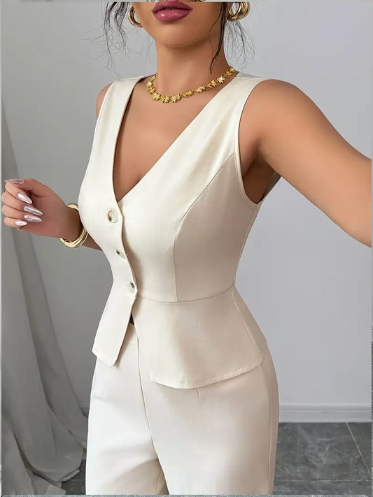 Chic Cream Wide-Leg Trouser Set for Events
