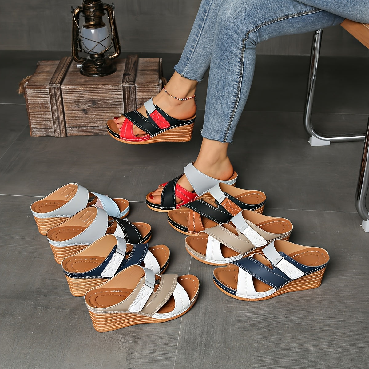 Deslizadores de Cuña Colorblock Marina - Sandalias Cómodas