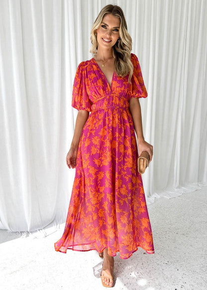 Ella | Women's Floral V Neck Maxi Wedding Guest Dress