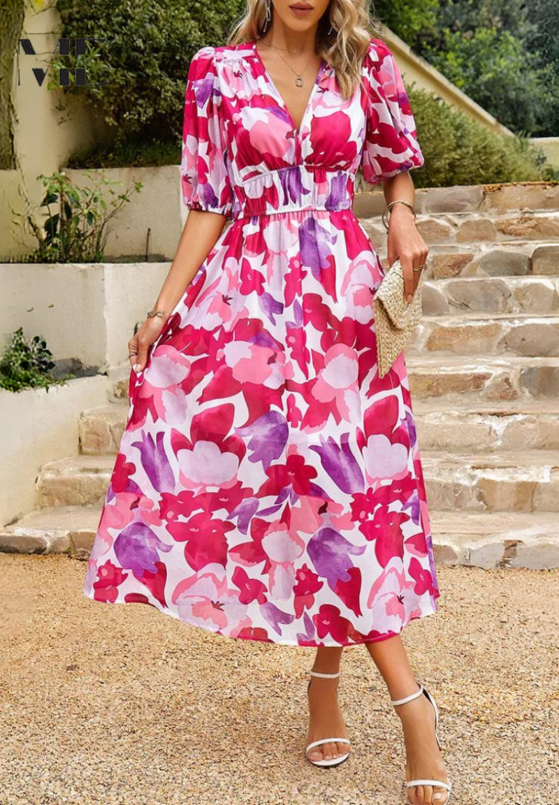 Evelyn | Women's Floral V Neck Midi Wedding Guest Dress