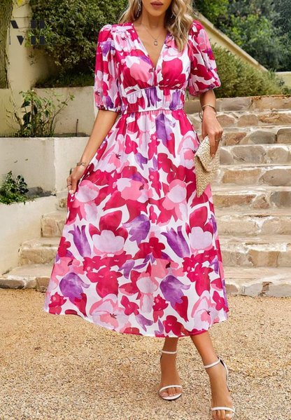 Evelyn | Women's Floral V Neck Midi Wedding Guest Dress