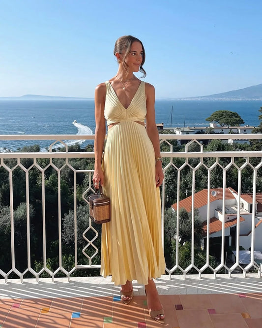 Emily | Women's Pleated Cutout Waist Midi Wedding Guest Dress