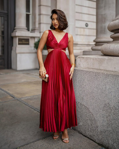 Emily | Women's Pleated Cutout Waist Midi Wedding Guest Dress