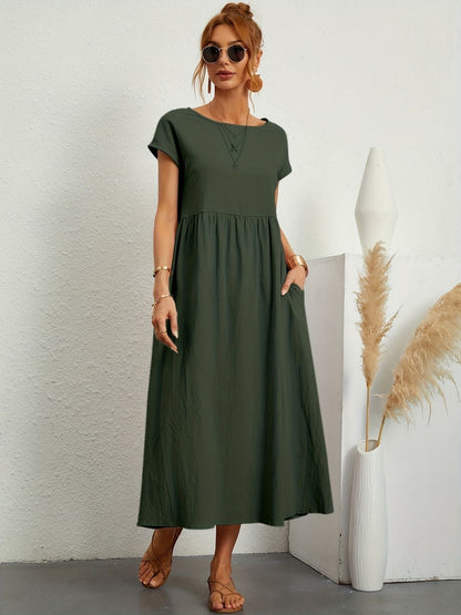 Eleanor | Women's Short Sleeve Loose Midi Pocket Dress