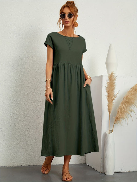 Eleanor | Women's Short Sleeve Loose Midi Pocket Dress