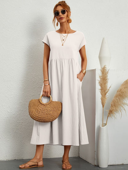 Eleanor | Women's Short Sleeve Loose Midi Pocket Dress