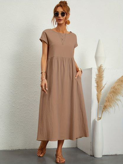 Eleanor | Women's Short Sleeve Loose Midi Pocket Dress