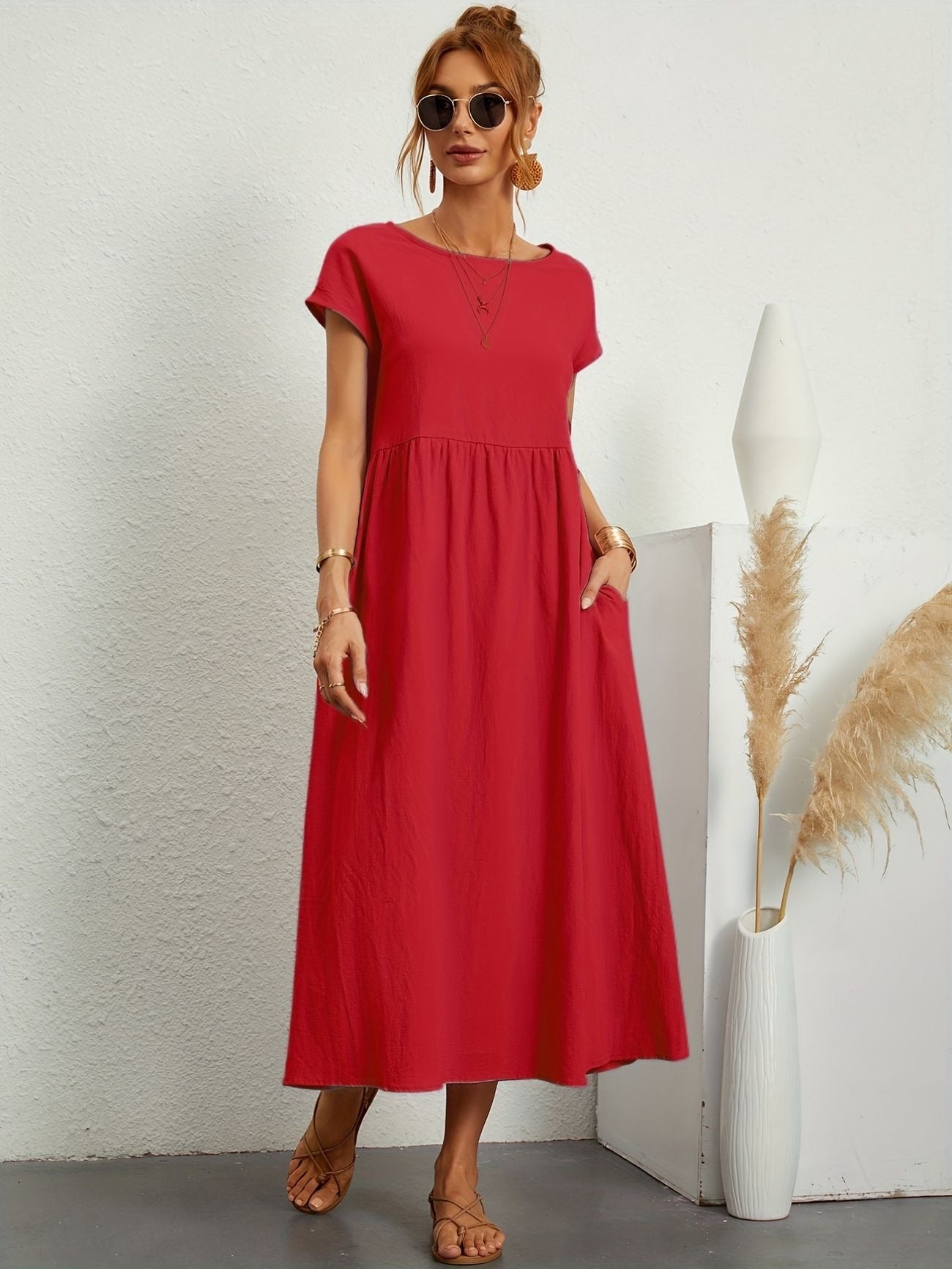 Eleanor | Women's Short Sleeve Loose Midi Pocket Dress