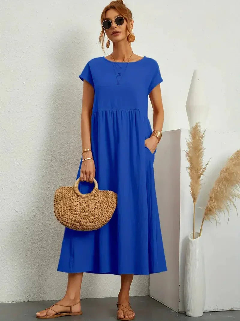 Eleanor | Women's Short Sleeve Loose Midi Pocket Dress
