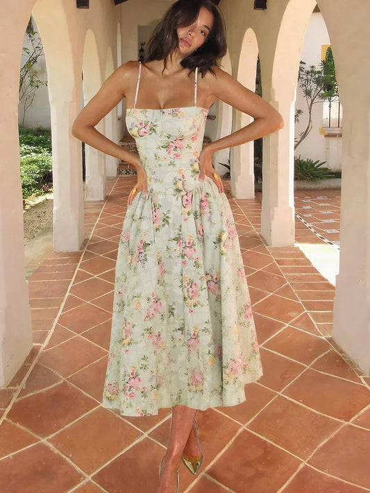Elizabeth | Women's Floral Strap Midi Wedding Guest Dress